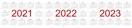 Set of minimalist calendars, years 2021, 2022, 2023, weeks start Sunday. Isolated vector...