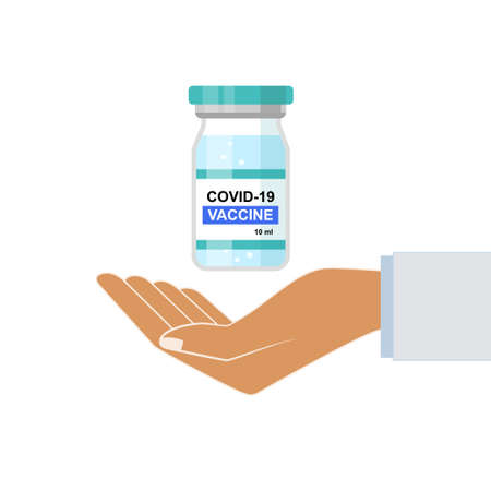 Coronavirus vaccine in a hand. Virus protection concept. Sars or Covid-19 vaccination with vaccine bottle. Time to vaccinate. Isolated vector illustration on white background.のイラスト素材