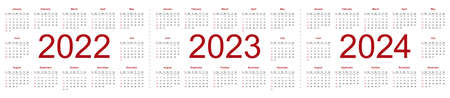 Simple editable vector calendars for year 2022 2023 2024. Week starts from Sunday. Isolated vector...