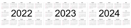 Simple editable vector calendars for year 2022 2023 2024. Week starts from Sunday. Isolated vector...