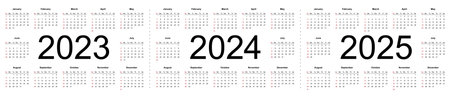 Simple editable vector calendars for year 2023 2024 2025. Week starts from Sunday. Isolated vector illustration on white background.のイラスト素材