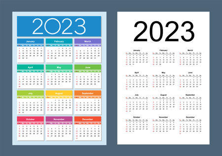 Colorful calendar for 2023 year. Week starts on Sunday. vertical. Isolated vector illustration.のイラスト素材