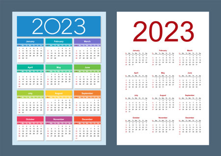 Colorful calendar for 2023 year. Week starts on Sunday. vertical. Isolated vector illustration.のイラスト素材
