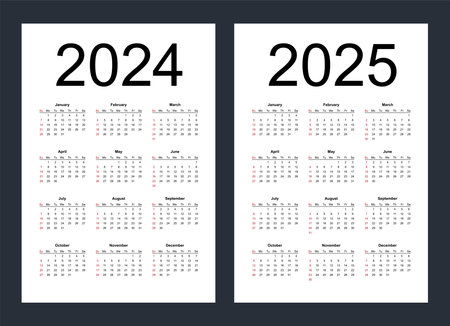 Simple editable vector calendars for year 2024, 2025. Week starts from Sunday. Vertical. Isolated vector illustration on white background.のイラスト素材