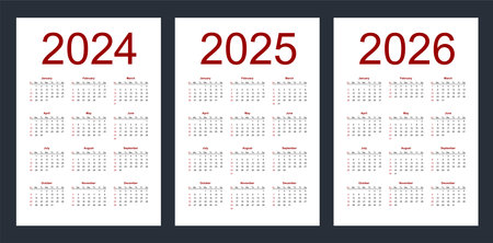 Simple editable vector calendars for year 2024, 2025, 2026. Week starts from Sunday. vertical. Isolated vector illustration on white background.のイラスト素材