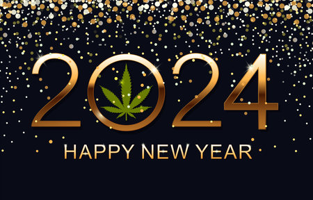 Happy New Year 2024. Greeting Card. New Year Shining background with marijuana leaf. Vector illustration.のイラスト素材