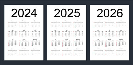 Simple editable vector calendars for year 2024, 2025, 2026. Week starts from Sunday. vertical. Isolated vector illustration on white background.のイラスト素材
