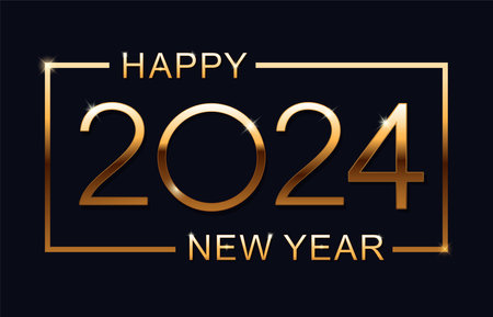 Happy new 2024 year. Greeting Card. Elegant gold text with light. Minimalistic text. Isolated vector illustration.のイラスト素材