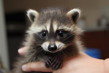 Adorable Baby Raccoon Held in Hand - Heartwarming Wildlife Portrai. Generative AIの素材