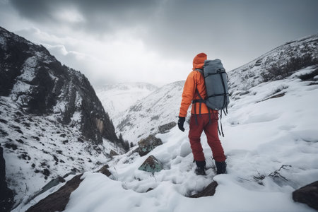 Adventurer in Orange Jacket with Grey Pack Looks at Snowy Mountains. Generative AI.の素材