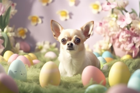 Easter with a Sweet and Playful Cartoon Chihuahua in Pastel Colours. Generative AIの素材
