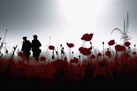 Silhouetted ANZAC Soldiers Among Red Poppies in the Mist. Generative AIの素材