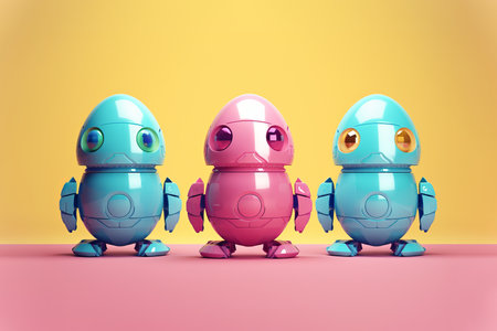 Colorful Easter Chick Egg Robots in Magenta and Cyan. Generative AI.の素材