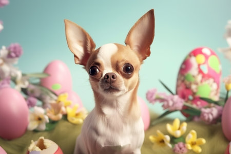 Cute chihuahua dog and easter eggs on color background Generative AIの素材