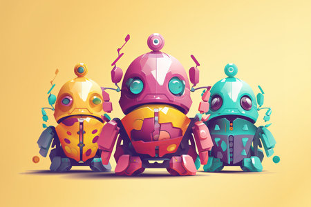 olorful Easter Egg Robots on Yellow Background - Generative AIの素材