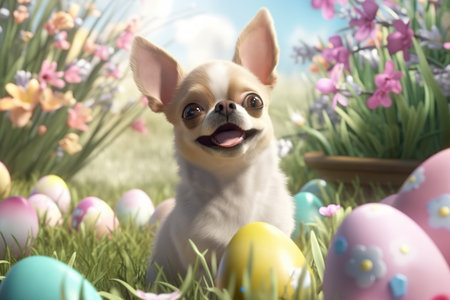 Celebrating Easter with a Cute and Colorful Cartoon Chihuahua Surrounded by Eggs and Flowers. Generative AIの素材