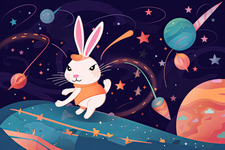 A cartoon illustration space bunny. Generative AIの素材