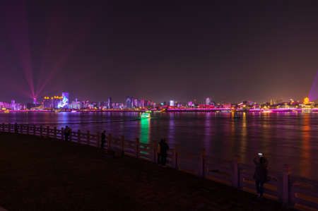 Hubei, Wuhan, shores of the light show  with night sceneryの写真素材