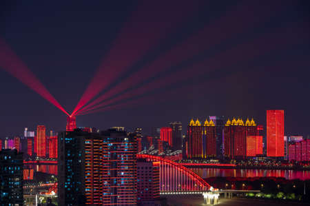 Hubei, Wuhan, the four banks of the four shores of the light show night sceneryの写真素材