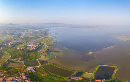 Aerial photography of Baoye Lake National Wetland Park, Daye, Hubeiの写真素材