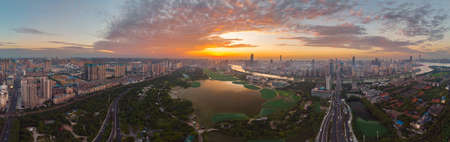 Wuhan Summer City Aerial Evening and Night Sceneryの写真素材