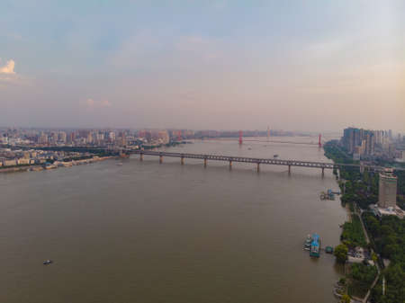 Wuhan Summer City Aerial Evening and Night Sceneryのeditorial素材