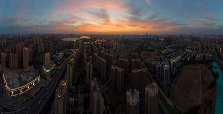 Wuhan Summer City Aerial Evening and Night Sceneryのeditorial素材