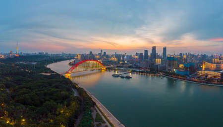 Wuhan Summer City Aerial Evening and Night Sceneryのeditorial素材