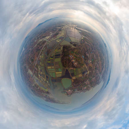 Spring aerial scenery of Baoan Lake and Zhaoshan Forest Park in Huangshi, Hubeiの写真素材