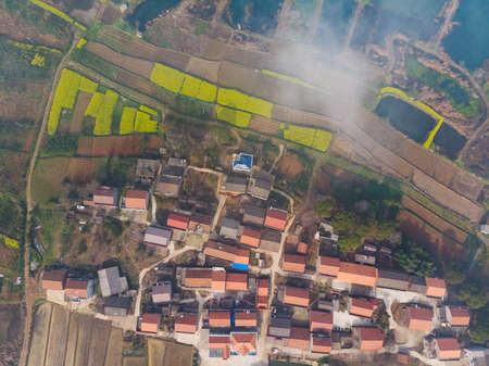 Spring aerial scenery of Baoan Lake and Zhaoshan Forest Park in Huangshi, Hubeiの写真素材