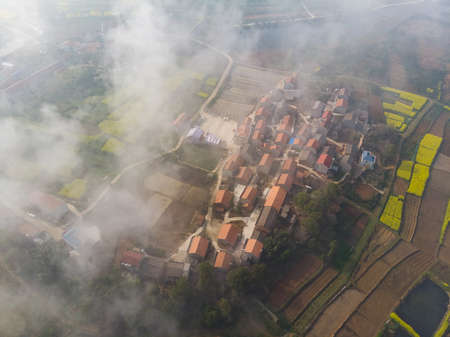Spring aerial scenery of Baoan Lake and Zhaoshan Forest Park in Huangshi, Hubeiの写真素材