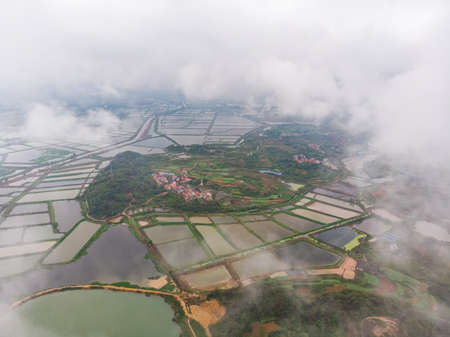 Spring aerial scenery of Baoan Lake and Zhaoshan Forest Park in Huangshi, Hubeiの写真素材