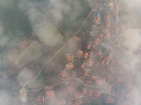 Spring aerial scenery of Baoan Lake and Zhaoshan Forest Park in Huangshi, Hubeiの写真素材