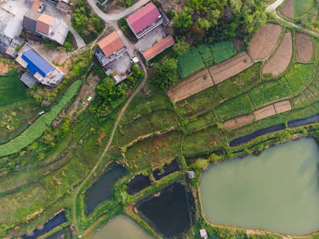 Spring aerial scenery of Baoan Lake and Zhaoshan Forest Park in Huangshi, Hubeiの写真素材