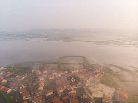 Spring aerial scenery of Baoan Lake and Zhaoshan Forest Park in Huangshi, Hubeiの写真素材