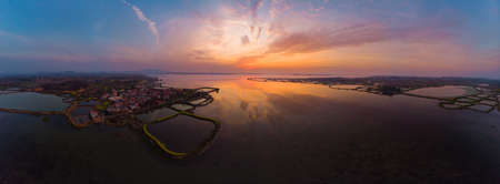 Spring aerial scenery of Baoan Lake and Zhaoshan Forest Park in Huangshi, Hubeiの写真素材