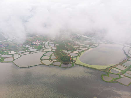 Spring aerial scenery of Baoan Lake and Zhaoshan Forest Park in Huangshi, Hubeiの写真素材