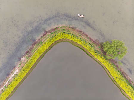 Spring aerial scenery of Hubei Huangshi Nhaoshan Forest Parkの写真素材