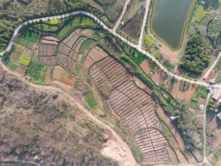 Spring aerial scenery of Hubei Huangshi Nhaoshan Forest Parkの写真素材