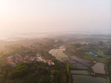 Spring aerial scenery of Hubei Huangshi Nhaoshan Forest Parkの写真素材
