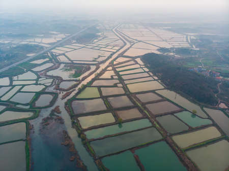 Spring aerial scenery of Hubei Huangshi Nhaoshan Forest Parkの写真素材
