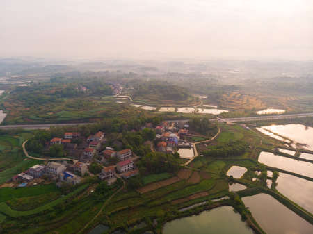Spring aerial scenery of Hubei Huangshi Nhaoshan Forest Parkの写真素材