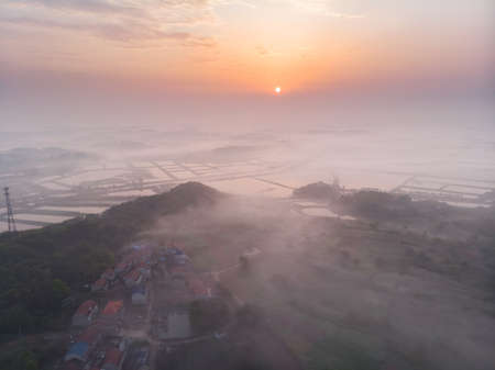 Spring aerial scenery of Hubei Huangshi Nhaoshan Forest Parkの写真素材