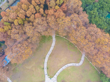 Aerial scenery of Zhongshan Park in Wuhan, Hubei in late autumn and early winterの写真素材