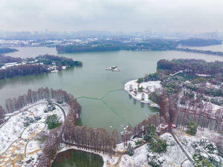 Winter snow scene in Plum Garden, East Lake Scenic Area, Wuhan, Hubeiの写真素材