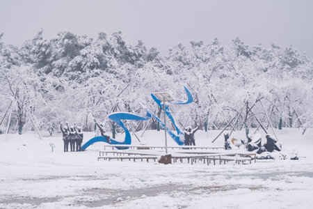 Winter Snow Scenery in Cherry Blossom Garden in East Lake Scenic Area, Wuhan, Hubeiの写真素材