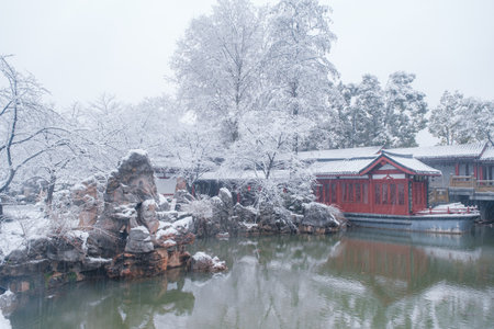 Winter Snow Scenery in Cherry Blossom Garden in East Lake Scenic Area, Wuhan, Hubeiのeditorial素材
