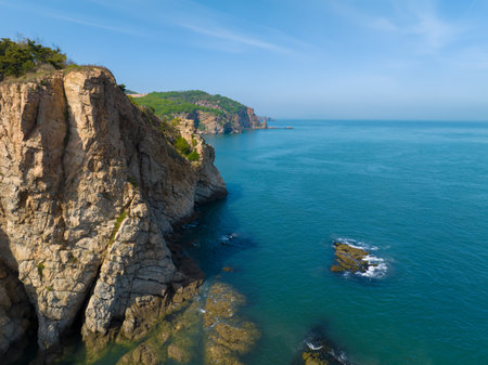 Spring seaside scenery of Binhai Road in Dalian, Liaoning province, Chinaの写真素材