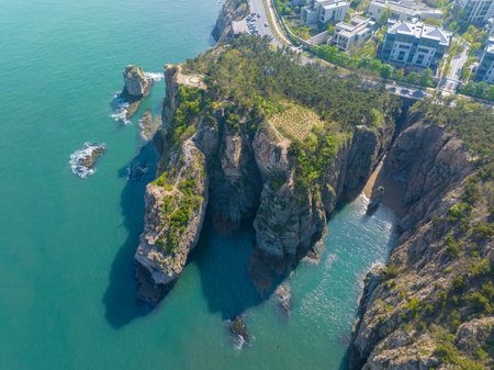 Spring seaside scenery of Binhai Road in Dalian, Liaoning province, Chinaの写真素材