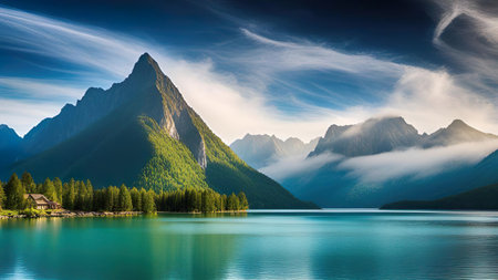 Fantastic summer panorama of mountain lake. Dramatic overcast sky. Beauty world.の素材